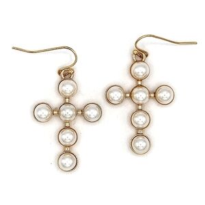 Gold Pearl Cross Drop Earrings - White Pearls